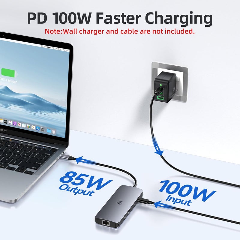 LIONWEI محطة إرساء USB C لشاشتين مزدوجتين، محطة إرساء لابتوب مع 3 شاشات و 2 HDMI، DisplayPort بدقة 4K، Ethernet بسرعة 1Gbps، شحن PD بقوة 100W، 3 USB A/C 3.0، محول متعدد المنافذ USB C لديل/لينوفو/HP - Image 5
